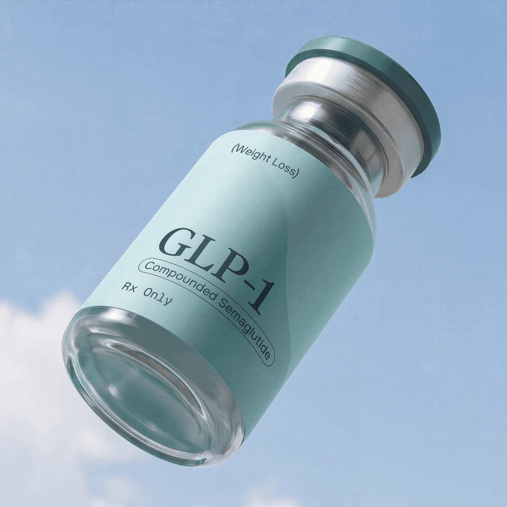 Close-up of compounded semaglutide GLP-1 vial