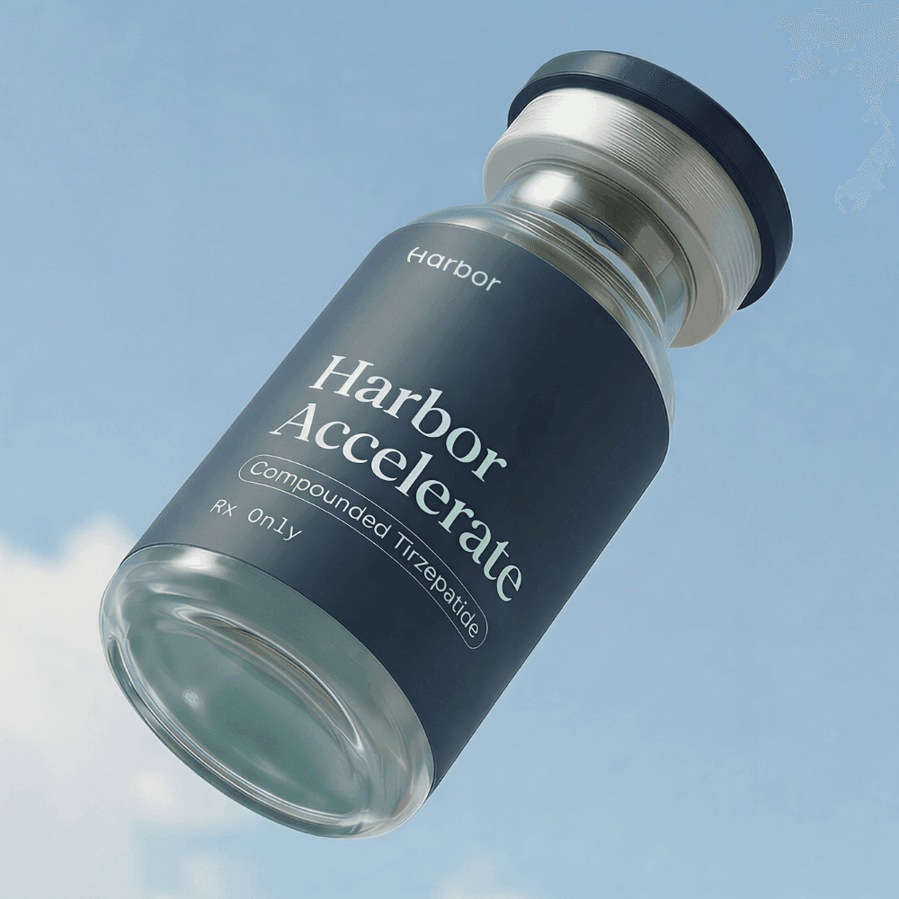 Harbor Accelerate compounded tirzepatide vial against sky background