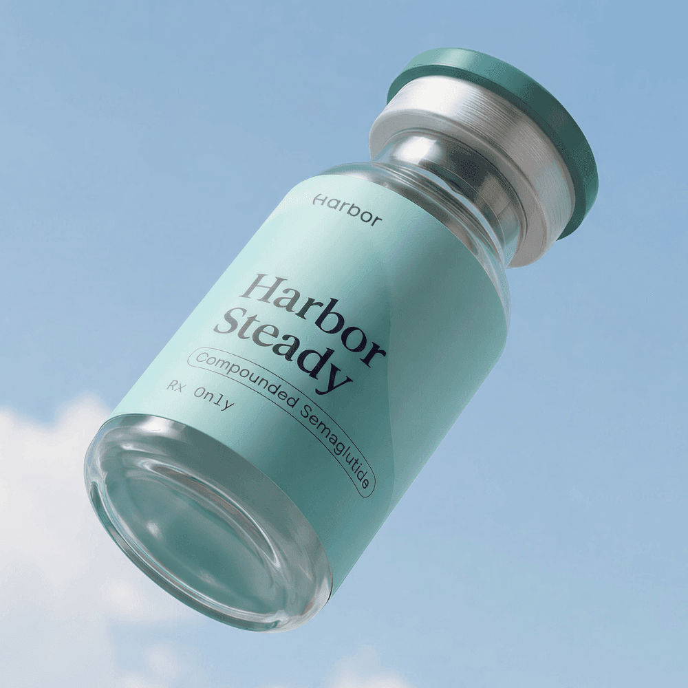Harbor Steady compounded semaglutide vial against sky background