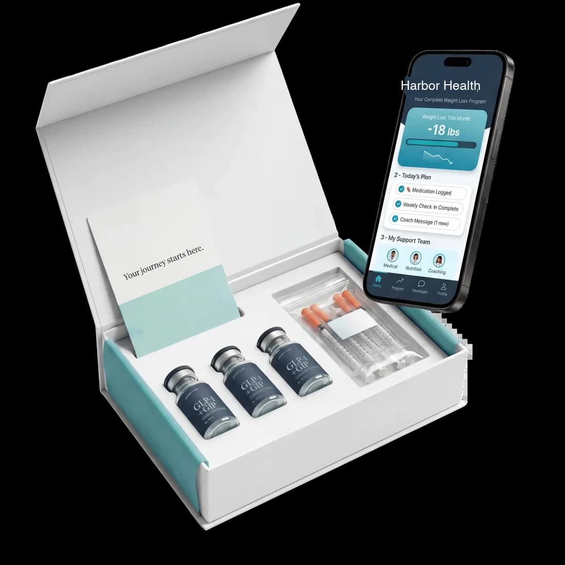 Harbor weight-loss kit: compounded GLP-1 vials, syringes, and the Harbor app showing weekly progress
